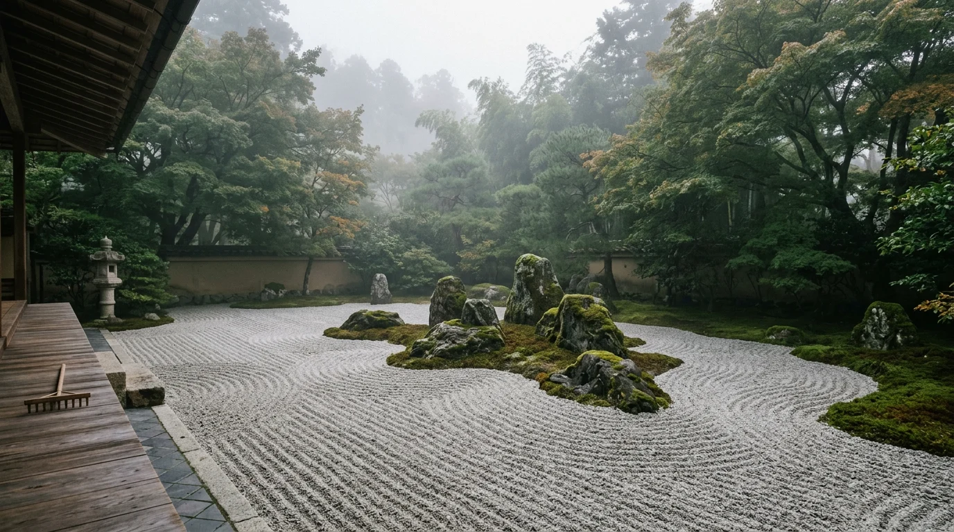 이끼 낀 바위와 고요하게 갈린 자갈, 젠 가든 스타일의 정원. 집중과 정리를 상징하는 차분한 풍경.