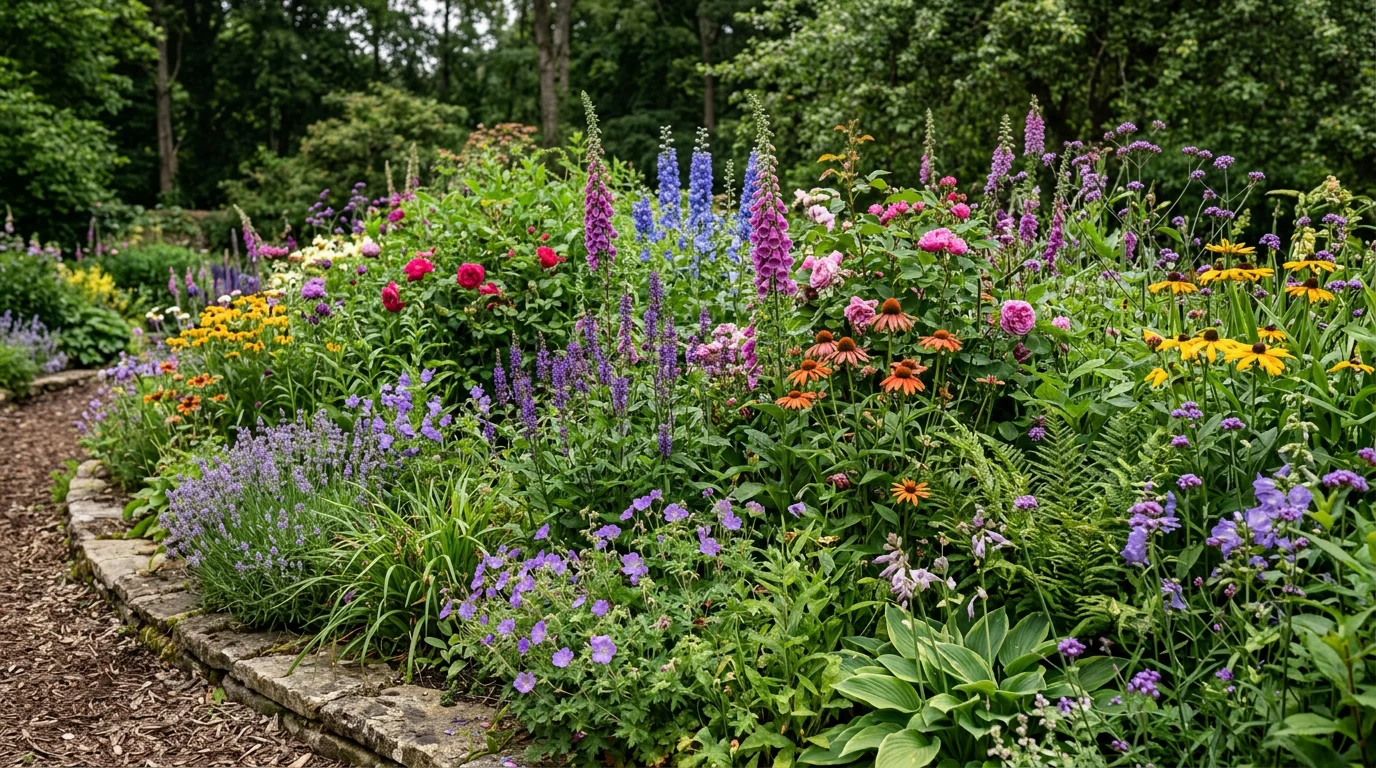 한 화단에 서로 다른 식물이 함께 자라는 모습. 서로 다른 어려움이 맞물리는 맥락을 상징.