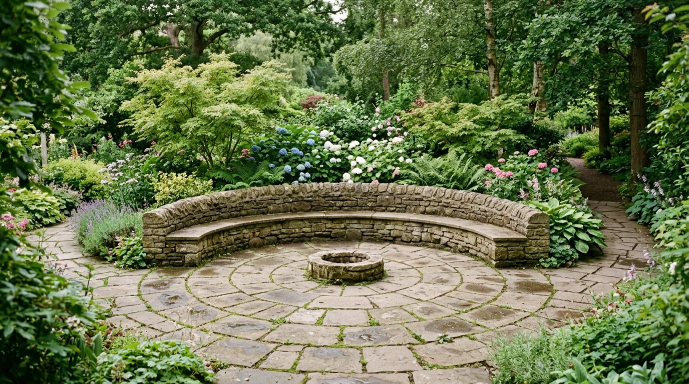 원형 석재 테라스와 벤치가 둘러싸인 녹색 공간. 대화와 성찰을 위한 자연 속 자리.