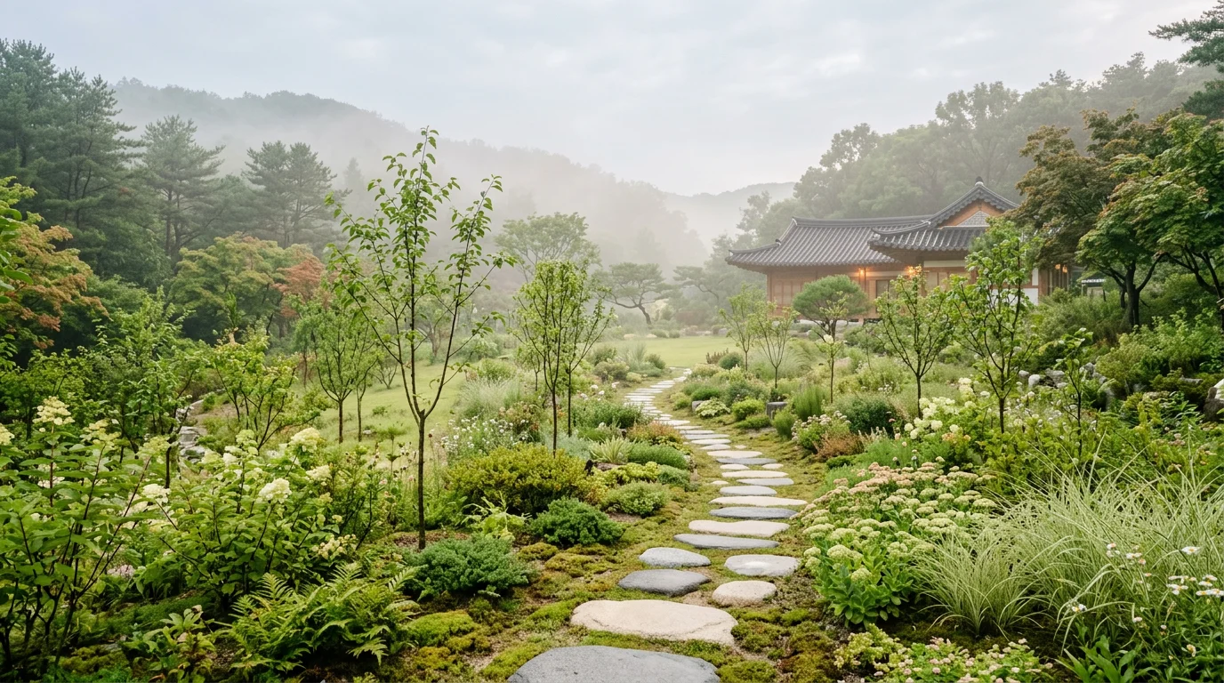 이른 아침 안개 속, 디딤돌과 어린 새싹이 있는 고요한 치유 정원. 아이와 가정의 성장을 상징하는 풍경.