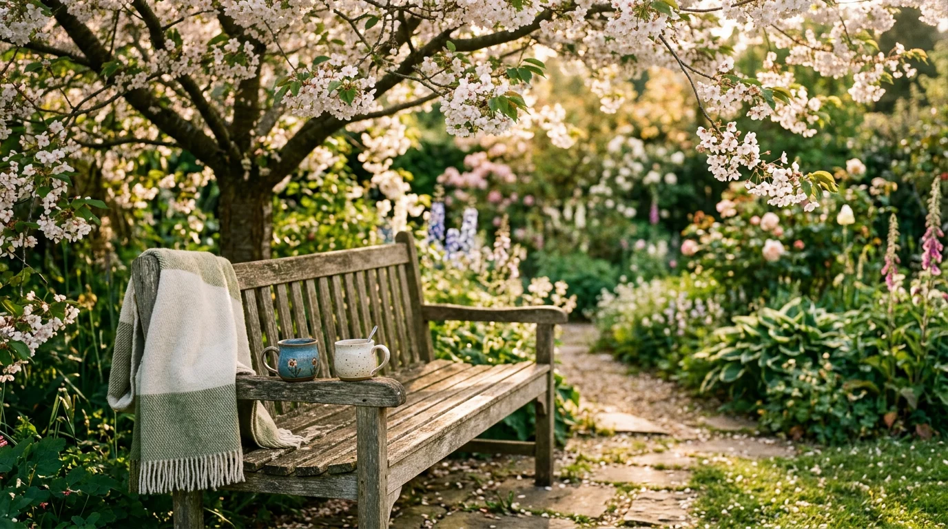 꽃이 핀 나무 아래 벤치와 잔, 가족과의 대화를 떠올리게 하는 따뜻한 정원 한구석.
