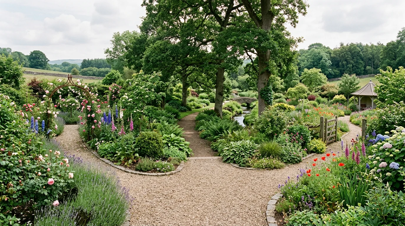 여러 갈래로 나뉜 자갈 길이 서로 다른 정원 테마로 이어지는 풍경. 삶의 여러 영역을 상징.