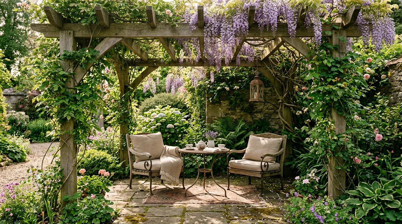 덩굴이 올라탄 목제 퍼걸러 아래 조용한 포치. 은밀한 대화와 쉼을 위한 정원 공간.