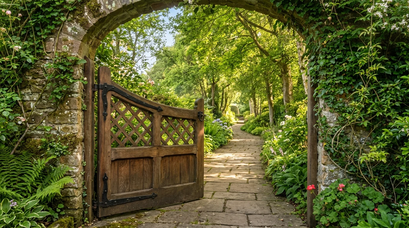 살짝 열린 정원문과 나무 그늘 사이로 이어지는 돌길. 처음 방문을 환영하는 풍경.