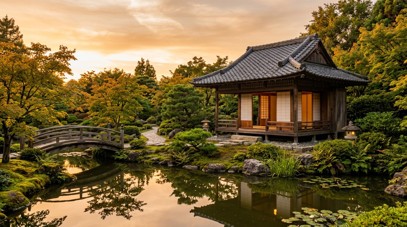 연못과 정자가 있는 해 질 녘의 치유 정원